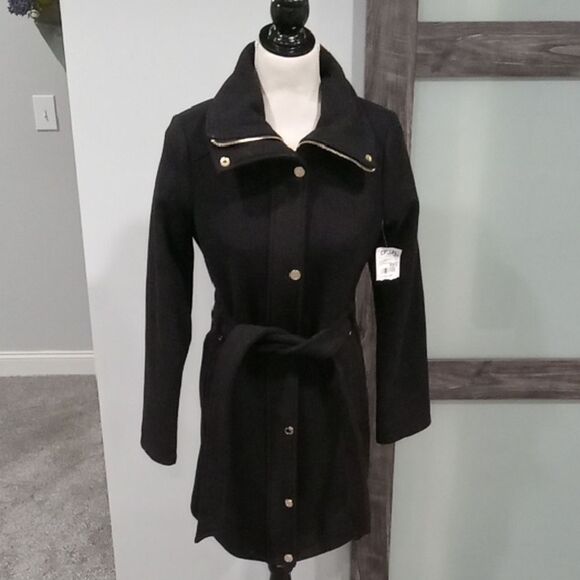 Michael Kors lined wool & poly knee length coat w snaps, zip & tie size XXS NWT - Picture 1 of 3